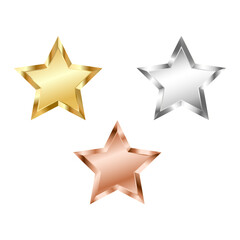 Set of 3 shiny metallic stars — gold, silver, and bronze — in 3D vector style. Ideal for awards, achievements, ratings, certificates, games, apps, and casino-themed designs. Isolated on white.

