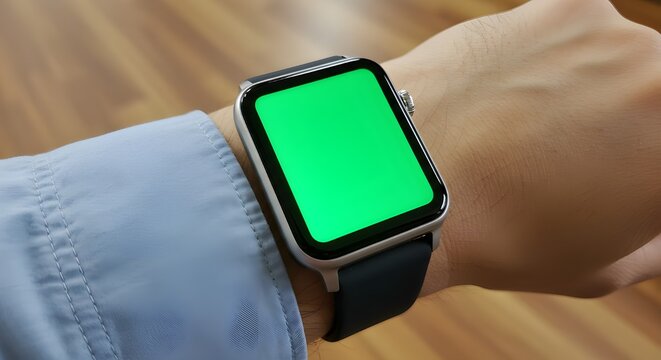 Smartwatch on wrist with blank green screen for mockup or display use - Powered by Adobe