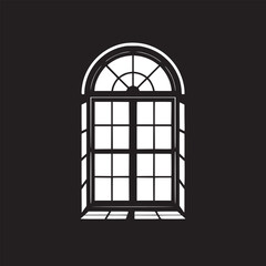 A white window with a rounded top and multiple panes is open against a black background in a graphic style