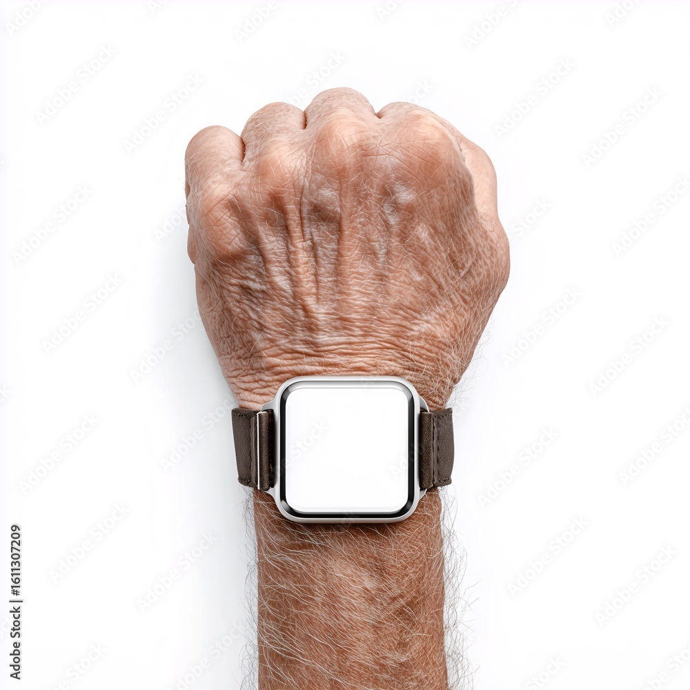 Poster wrist device showcase: a close-up captures an aging hand, proudly displaying a cutting-edge wearable