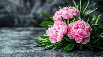 Pink peonies with green leaves on gray surface