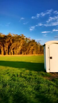 Row of portable toilets stand on grassy field with a backdrop of blue sky and clouds, designed for event usage and sanitation.