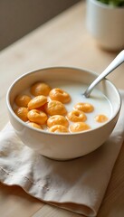 Generative AI: A Wholesome Bowl of Cereal Rings Bathed in Fresh Milk, A Nutritious Breakfast Delight