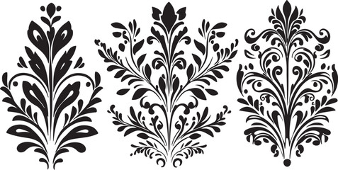 Black and White Damask Floral Ornament Vector Design Elements