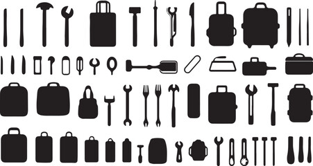 Black Silhouette Tools and Luggage Vector Illustration Set