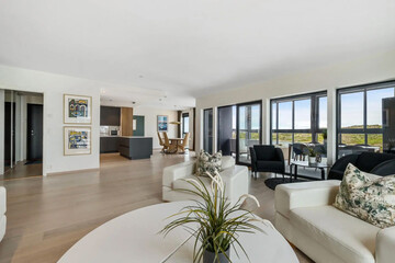Modern luxury apartment interior in minimal scandinavian style, 3d rendering