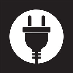 A black and white graphic of a plug inside a white circle on a black background illustration