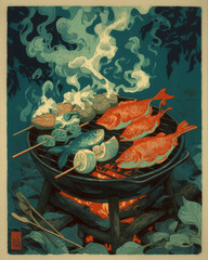 A vintage Japanese woodblock-style illustration of fish and skewers grilling over a charcoal fire. Smoke swirls in the dark, creating a rustic outdoor scene.