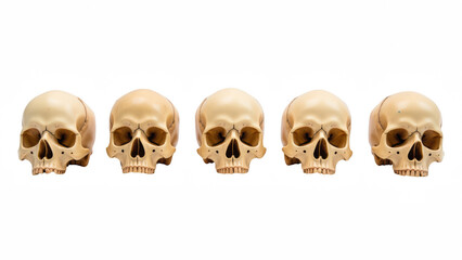 Realistic skulls arranged row, showcasing intricate details and textures. These anatomical models are perfect for educational purposes