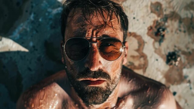 Man with beard and tattoos, covered in blood and dirt, wearing sunglasses, possibly after fight or war, intense expression.