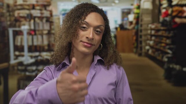 Woman pointing finger to chest and giving thumbs up in building clothing store aisle; self confidence pride approval.