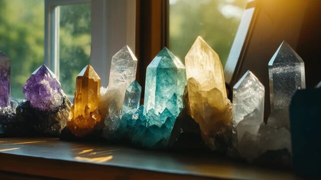 Rows of multicolored quartz crystals, catching light from a window sill.