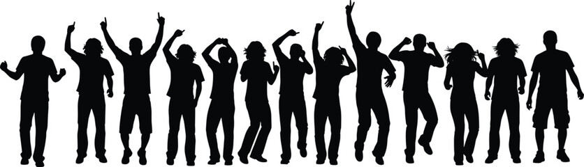 Group dancing silhouette, joyful people celebration, festive energy pose, crowd movement scene, black background illustration, unity, party, happiness, freedom