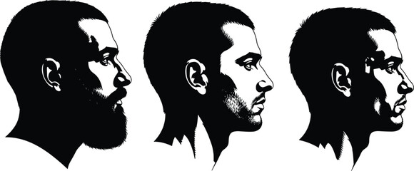 Male side profile silhouette illustration, different hairstyles head icon, facial hair variation, black vector design, isolated on white background