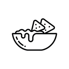 Simple line art icon of tortilla chips with cheese dip in a bowl