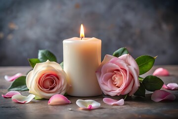A lit candle surrounded by pink roses and petals
