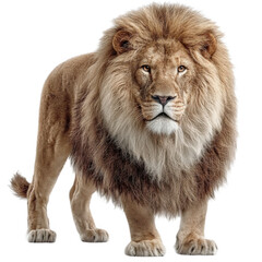 Obraz premium Majestic male lion standing proud isolated on white and transparent background
