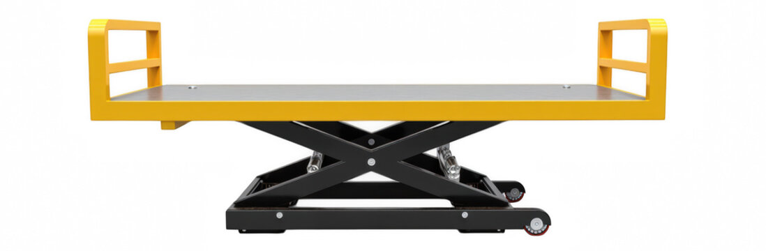 Heavy duty lift table with sturdy design and yellow accents, ideal for industrial use and material handling