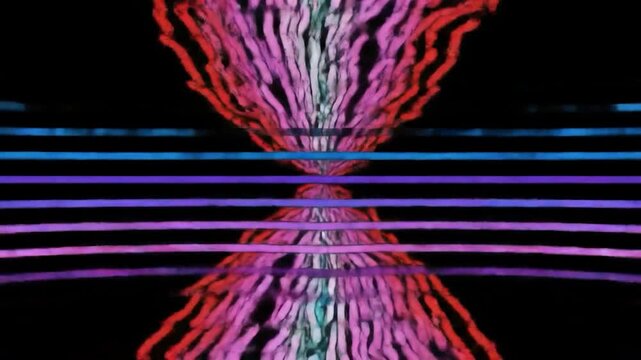 An abstract X formation on black background, composed of numerous flowing, parallel lines in shades of pink, blue and red. Depth of field effect blurs some lines