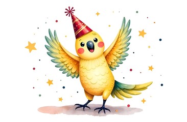 Children's animalistic card. A cheerful soapy multi-colored parrot dances in a festive cap. The background is white