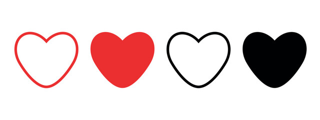 Heart icon set vector design, solid color and outline version. Red and black.