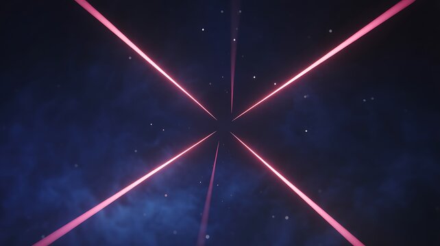 Abstract pink laser beams converging on a dark blue nebula background with glowing particles convergence