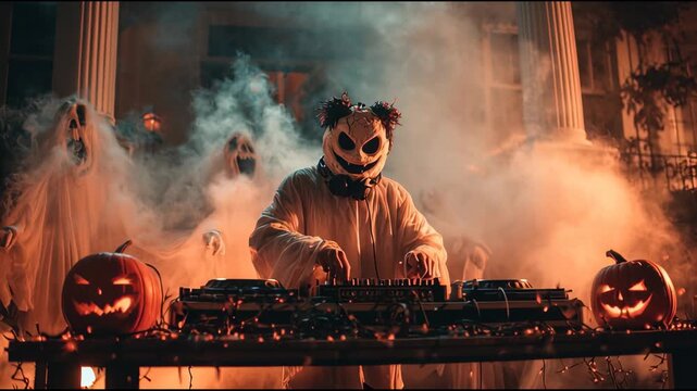 A DJ in a creepy panda mask and ghost costume at a Halloween party, loop