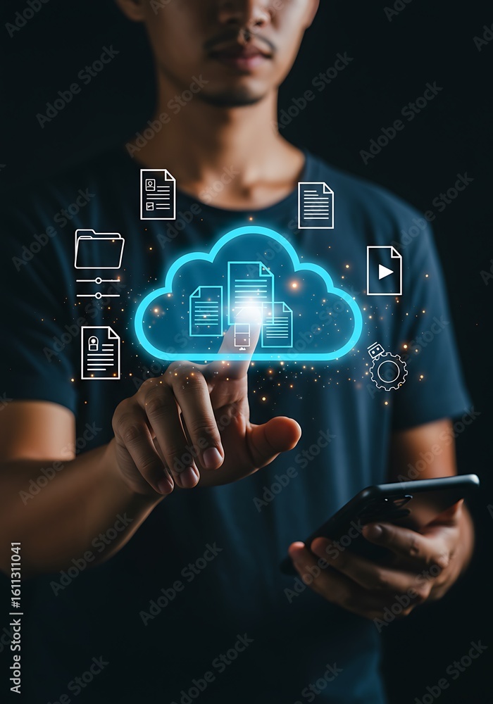Poster man touching digital cloud with files and data cloud computing