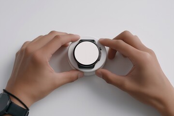 Unveiling Innovation: A close-up showcases the meticulous handling of a cutting-edge smartwatch, a symbol of modern technology and design