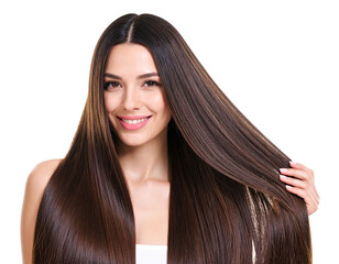 Obraz premium Studio Shot of Gorgeous Brunette Woman with Perfect, Shiny Hair on White Background