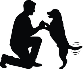 Silhouette of person holding dog’s paws, pet bonding moment, emotional interaction, friendship gesture, black on white vector illustration, companionship