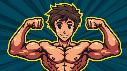Obraz premium Vibrant Cartoon Male Character Showing Muscular Arms and Confident Smile.