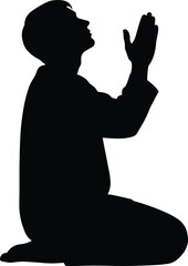 Silhouette praying person, kneeling worship scene, religious devotion pose, spiritual reflection moment, inner peace illustration, black background, faith, hope