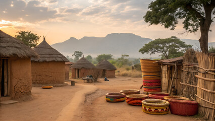 Traditional african village with thatched roofs and vibrant pottery at sunset