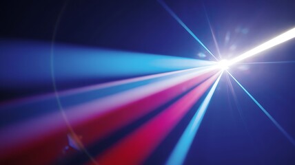 Fototapeta premium Bright white light beam with red and blue rays against dark blue background image