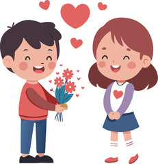 A shy boy giving a bouquet to a girl, both smiling with hearts floating around.