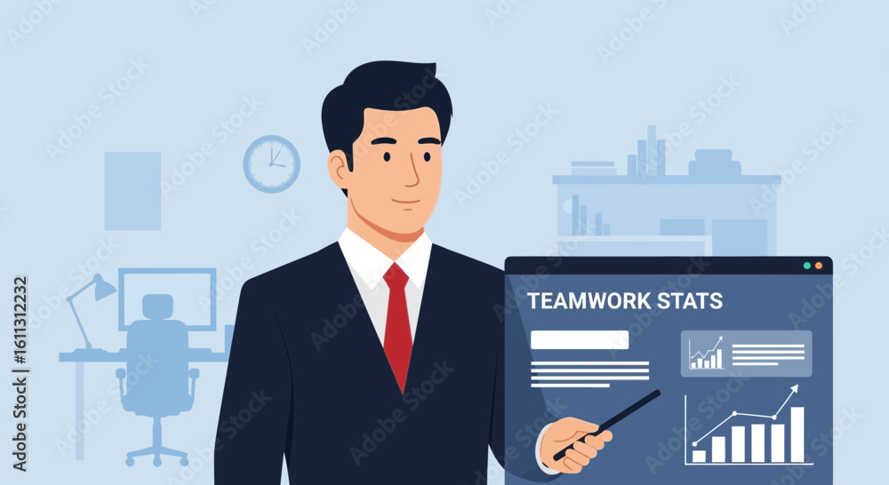 Poster executive explaining teamwork stats on digital screen display