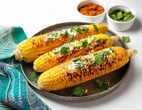 two delicious mexican street corn elotes with cotija cheese chili powder and cilantro on a white background concept of traditional cuisine summer food and snack