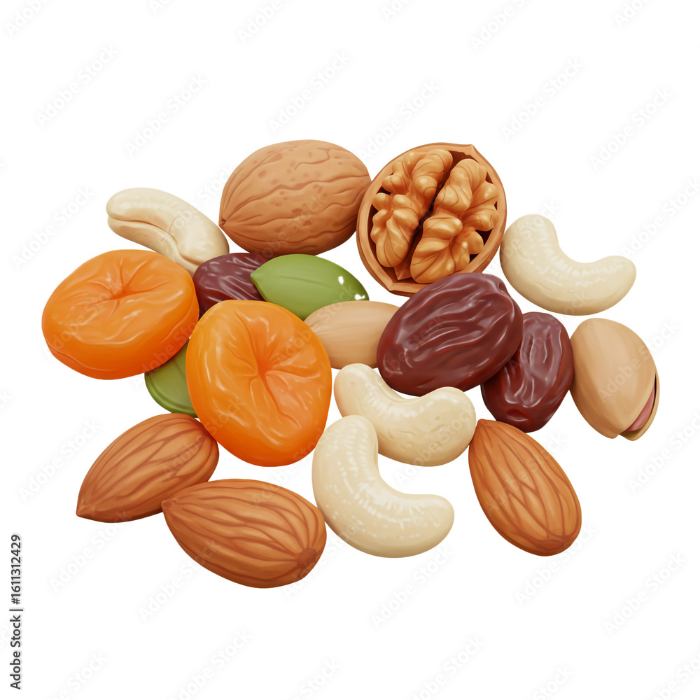 Poster a vibrant assortment of various nuts and dried fruits arranged together creating a colorful and appe