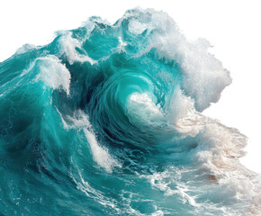 Raging ocean wave crashing on shore beach nature scene dynamic. Isolated on transparent background, png.