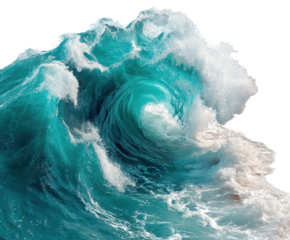 Raging ocean wave crashing on shore beach nature scene dynamic. Isolated on transparent background, png.