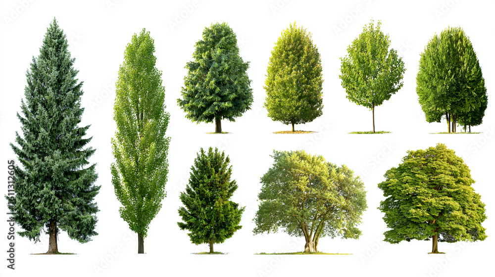 Poster isolated group of various deciduous and evergreen trees on a stark white background