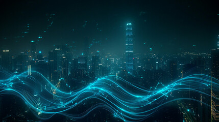Futuristic Smart City with Digital Data Flow at Night