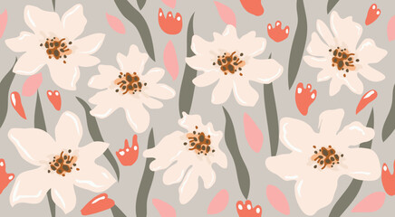 Hand drawn floral seamless patterns. Natural wallpaper, Exotic flowers print decoration. Illustration for fabric, textiles, clothing, wall art, printing and design project, etc.