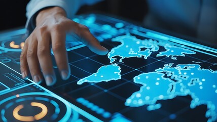 Close up of a human hand interacting with a glowing blue digital world map interface finger touching