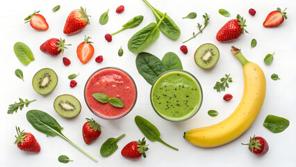 Healthy fruit smoothie ingredients and two smoothies on white background