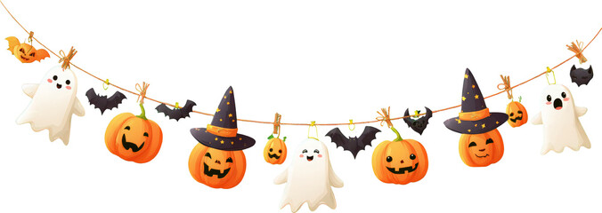 Cute halloween garland decoration with smiling ghost and pumpkin. Festive