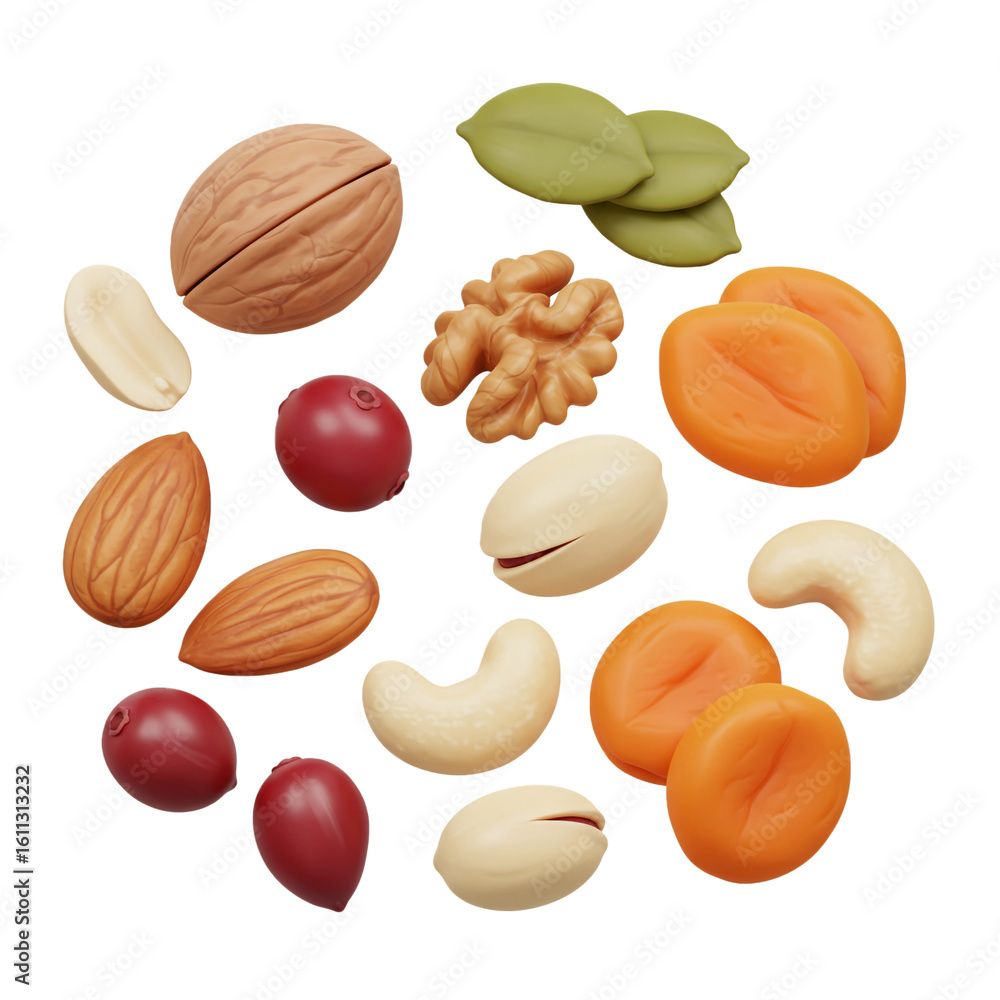 Poster a vibrant assortment of various nuts and dried fruits arranged in a visually appealing circular comp