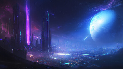 Futuristic Sci-Fi Cityscape with Alien Planet in the Sky