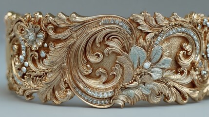 Elegant Gold Ornate Jewelry Bracelet with Floral Embellishments and Sparkling Crystals